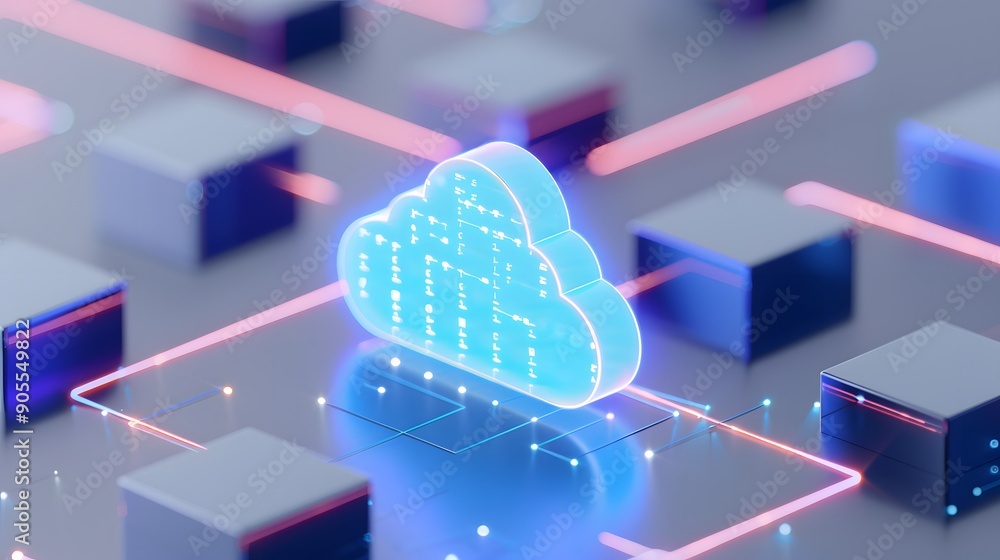 Poster digital cloud surrounded by glowing circuits representing cloud computing and data storage in a futu