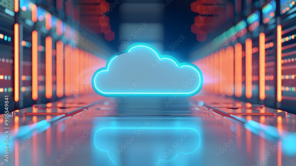 Poster digital cloud symbol in a futuristic server room, representing data storage, digitalization, and mod