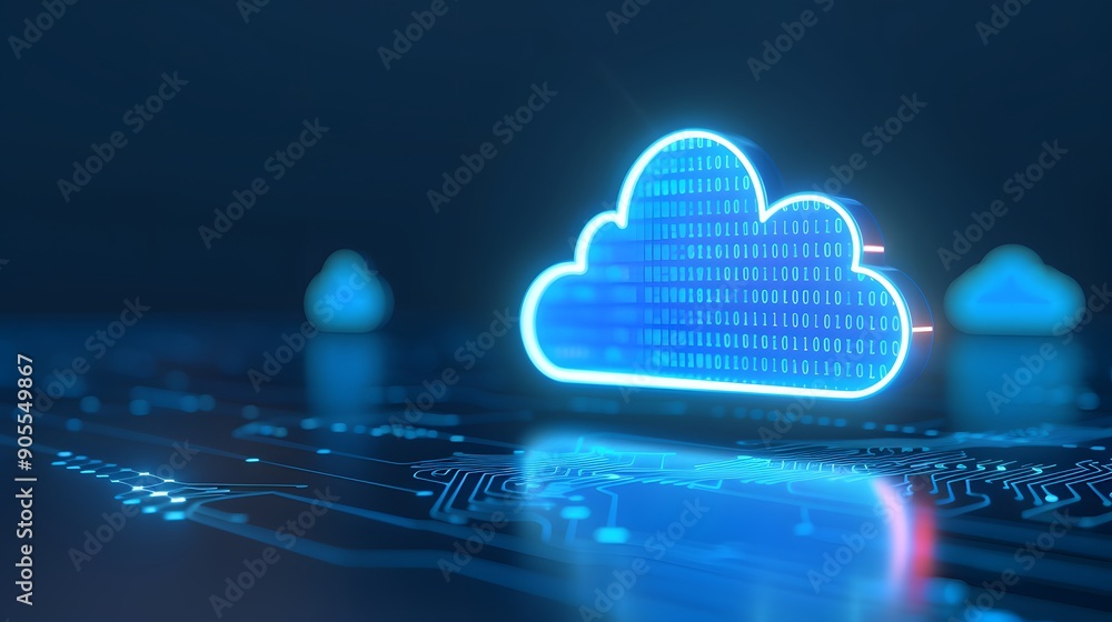 Poster digital cloud symbol on a circuit board background, representing cloud computing, data storage, and 