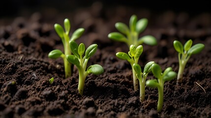 Vibrant green sprouts emerging from a bed of fresh soil