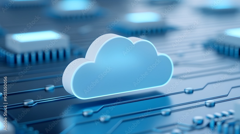 Poster digital cloud symbolizing data storage and computing, set against a backdrop of circuit board techno