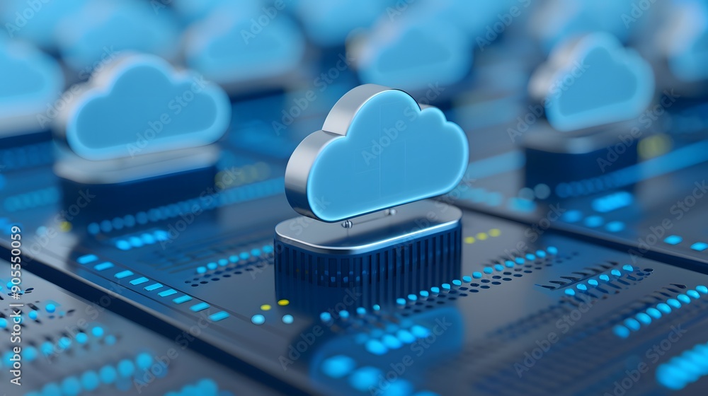 Poster digital cloud symbolizing cloud computing and data storage solutions, highlighting cyber technologie