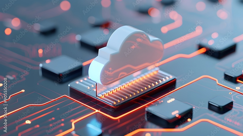 Poster digital cloud technology concept showing a virtual cloud symbol on a circuit board, highlighting dat
