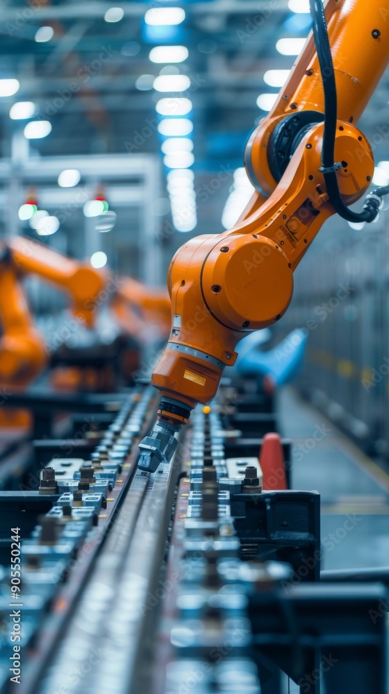 Aufkleber close-up of robotic arms working on an assembly line in a factory. the orange robotic arm is in focu