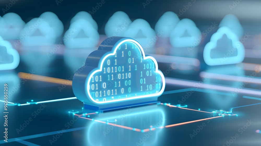 Poster digital cloud technology concept showing glowing holographic cloud shape with binary code depiction 