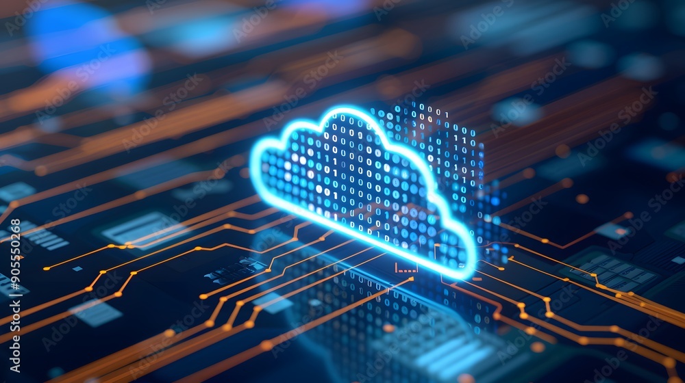 Poster digital cloud technology concept with a glowing cloud icon representing data storage and network com