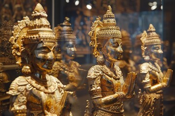 Fototapeta premium Close-up of ornate golden statues, likely depicting deities or figures of significance in Southeast Asian culture.