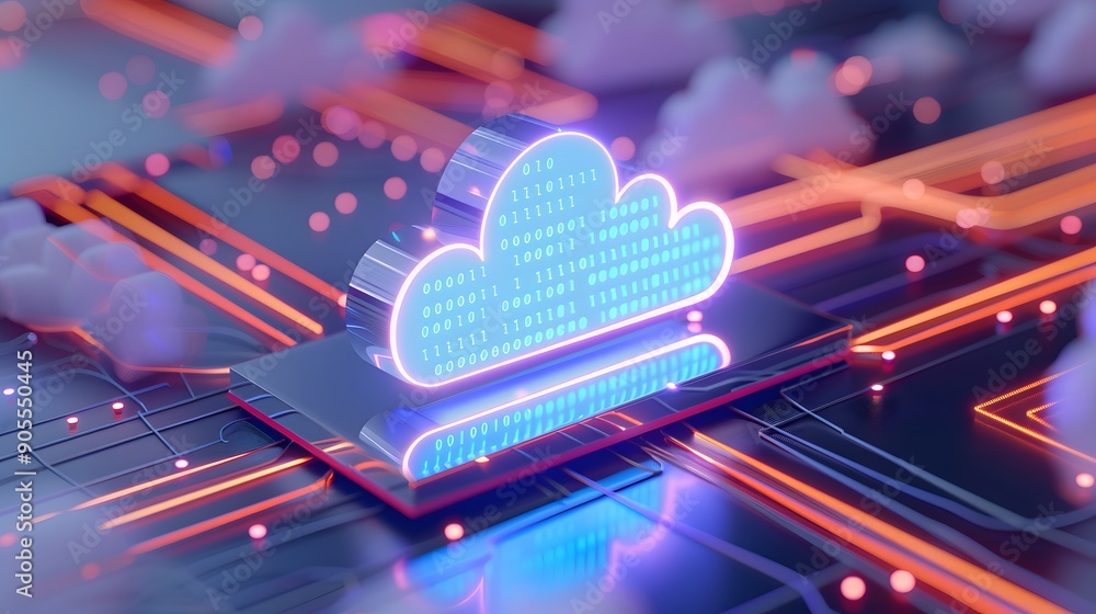 Poster digital cloud technology concept with glowing neon cloud icon on circuit board, representing data st