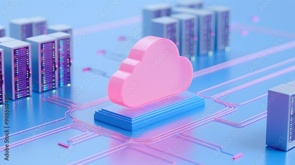 Poster digital cloud technology concept with servers and a network. visual representation of online data st