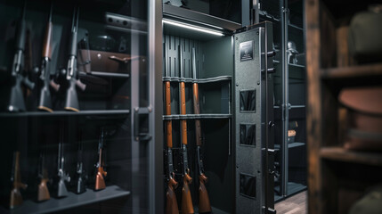 A specialized gun safe designed for storing firearms, shown open with rifles inside.