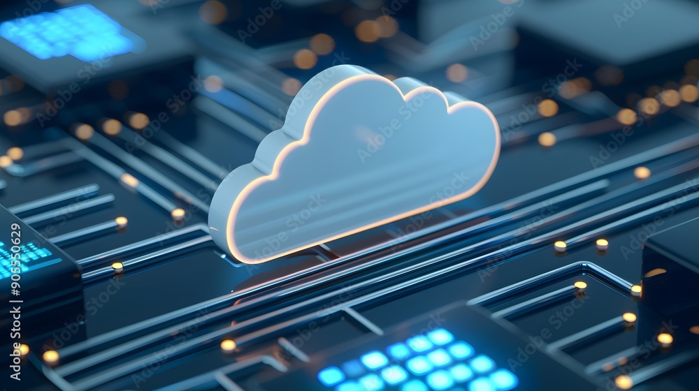 Poster digital concept image of cloud computing technology with electronic components and circuits represen