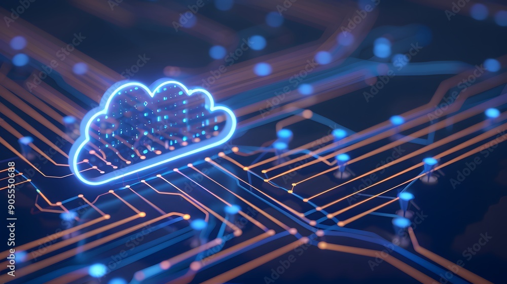 Poster digital concept of cloud computing, represented by neon cloud icon over a circuit-like network, symb