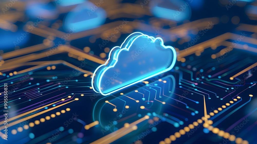 Poster digital illustration of a glowing cloud icon on a circuit board, representing cloud computing and te