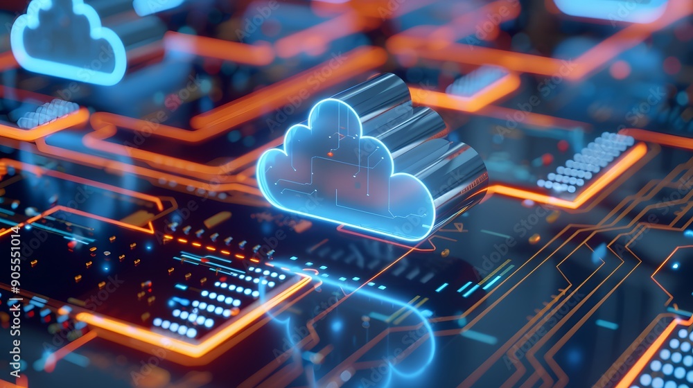 Poster digital illustration of cloud computing technology, showcasing futuristic connectivity and data stor