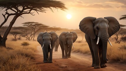 Herd of Elephants Strolling Through the African Savannah at Sunset
