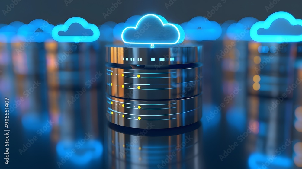 Poster digital representation of cloud computing and data storage technology featuring futuristic server un
