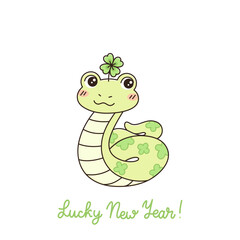 Cute snake mascot with clover symbol of good luck. Chinese New Year symbol. Asian lunar animal. Funny cartoon character. Vector illustration isolated on white background