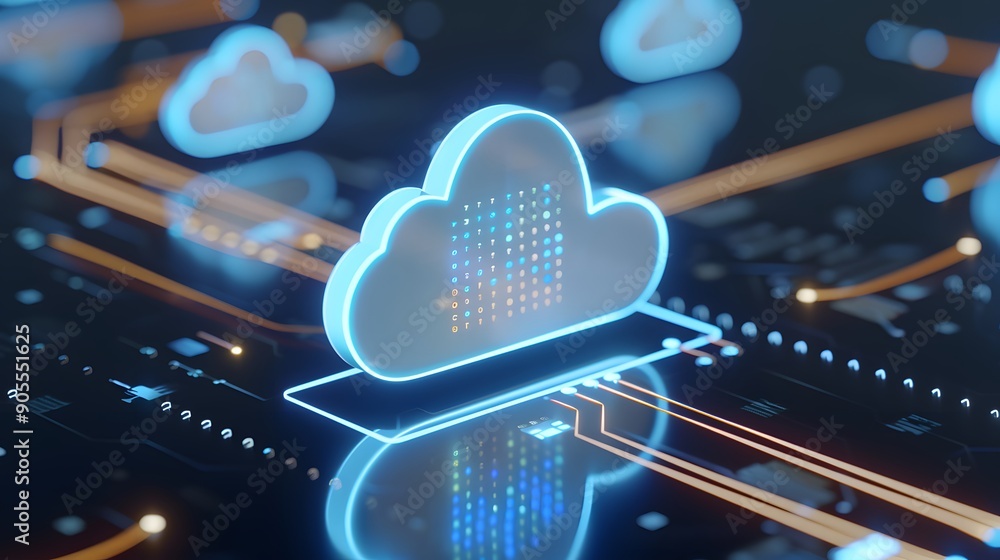 Poster digital representation of cloud computing technology with a 3d hologram cloud symbol on a circuit bo