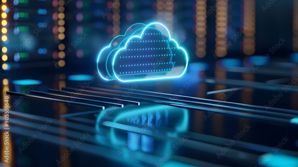Poster digital representation of cloud computing technology with a futuristic data center. concept of netwo