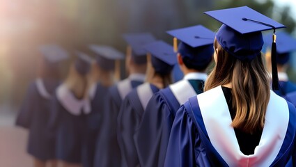 Graduate students with mortar caps standing in a row. selective focus background for graduation banner. University graduation ceremony concept, class of 2024, 2025
