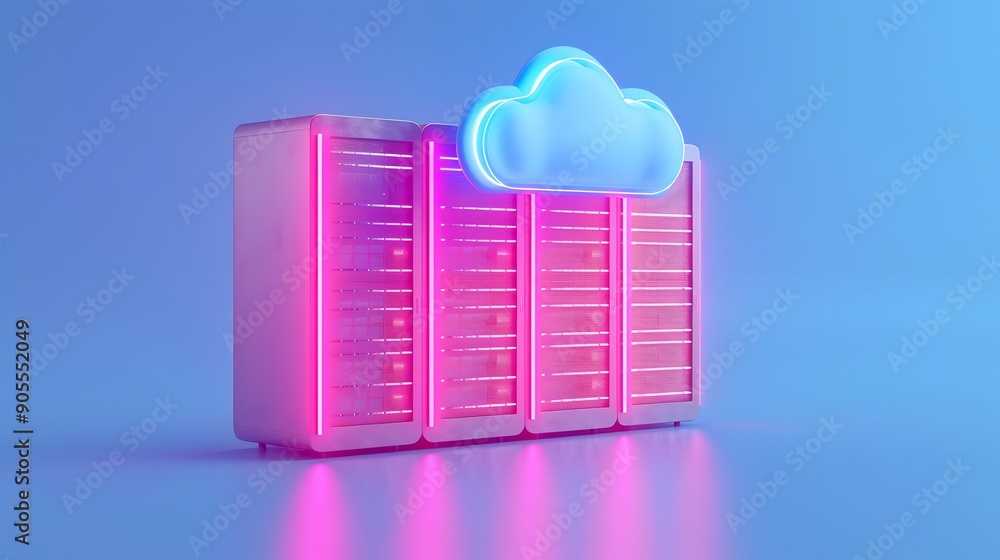 Poster digital server with neon lighting connected to a glowing cloud, showcasing modern data storage and c