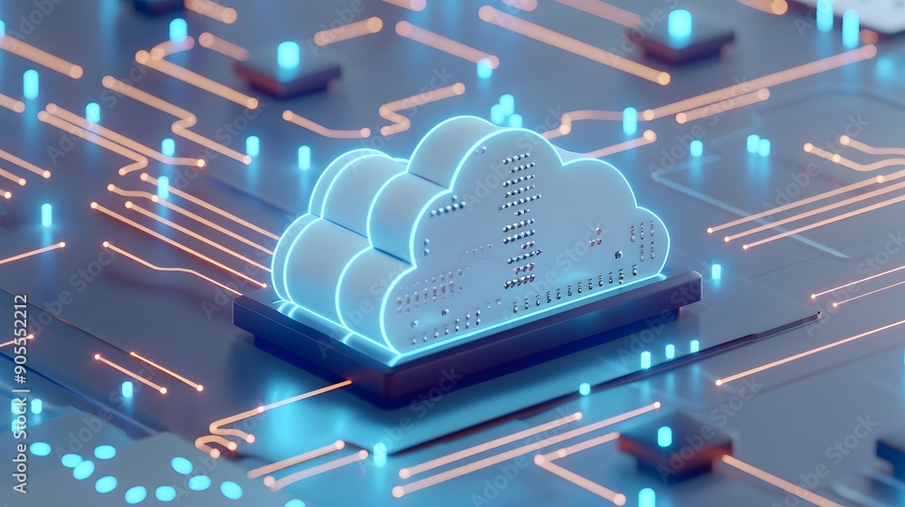 Poster futuristic 3d cloud computing network with neon lights showcasing data storage and digital communica