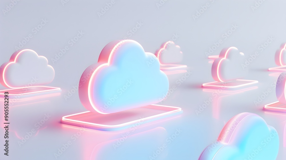 Poster futuristic 3d cloud icons in neon colors representing cloud computing technology and data storage in