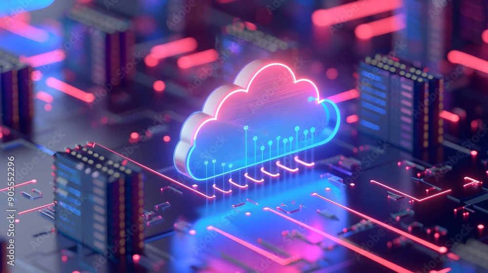 Poster futuristic 3d cloud icon on a glowing circuit board, representing modern technology, digital data st