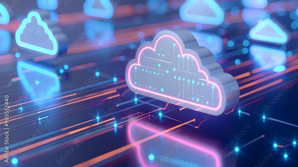 Poster futuristic 3d illustration of cloud technology with glowing digital clouds representing data storage