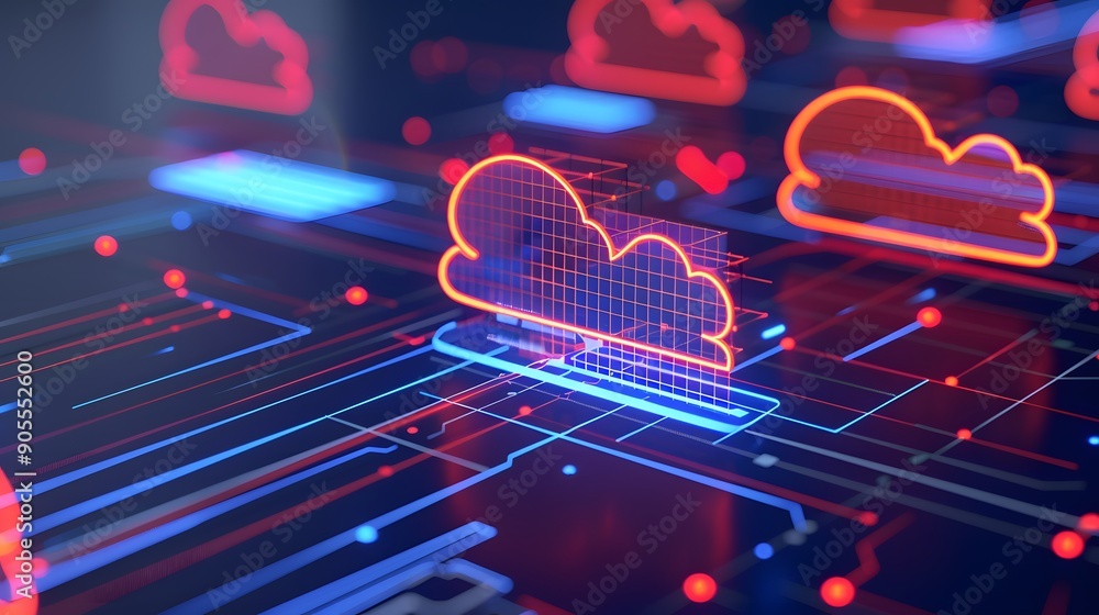 Poster futuristic 3d rendering of cloud computing technology with neon blue and red light, representing dat