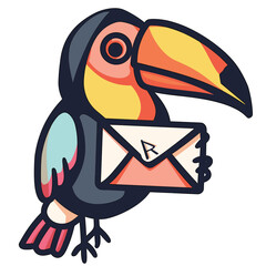 Colorful toucan holding envelope, stylized cartoon graphic. Brightly colored bird delivering mail, modern digital art. Toucan vibrant beak feathers, message concept