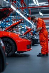 Male auto mechanic at work.  Car repair.  Auto service center.  Vehicle maintenance work