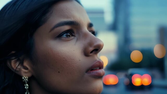 The camera focuses on a womans face her lips parted in awe as she looks at soing offscreen. She appears to be in her early 30s with dark hair and olive skin. The background is