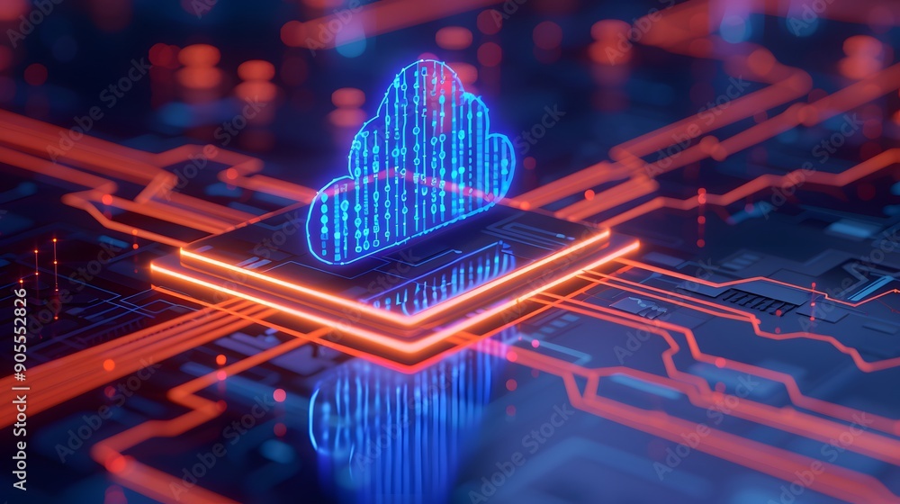 Poster futuristic cloud computing and data storage concept with neon lights and integrated circuits. digita