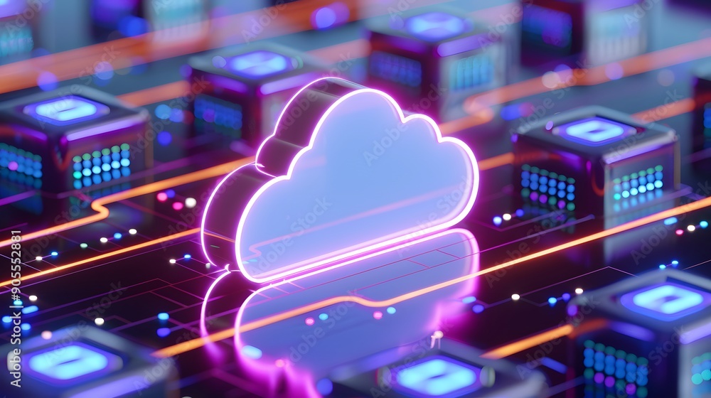 Poster futuristic cloud computing and data storage concept with neon aesthetic and server nodes, illustrati