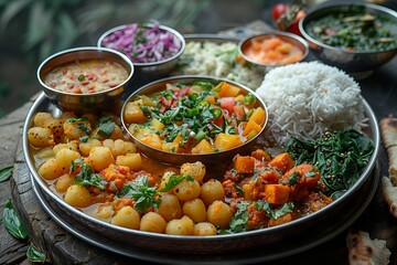 A Traditional Indian Thali Featuring Diverse Dishes and Fresh Ingredients on a Rustic Wooden Table