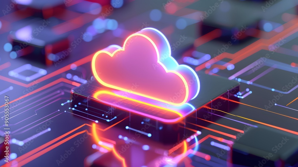Aufkleber futuristic cloud computing concept represented by a glowing cloud icon on a digital circuit board.