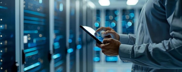 IT professional securing data with digital tablet in high-tech server room, blue glow, advanced tech