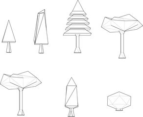 Sketch vector illustration artistic unique 3d cartoon tree plant poly silhouette drawing design