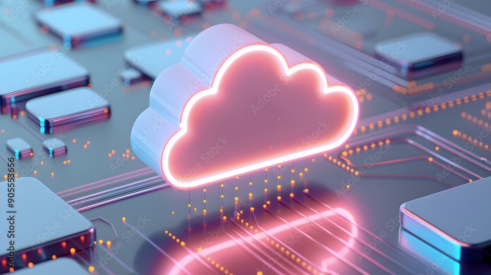 Poster futuristic cloud computing concept with digital circuits and a glowing cloud icon. high-tech and inn