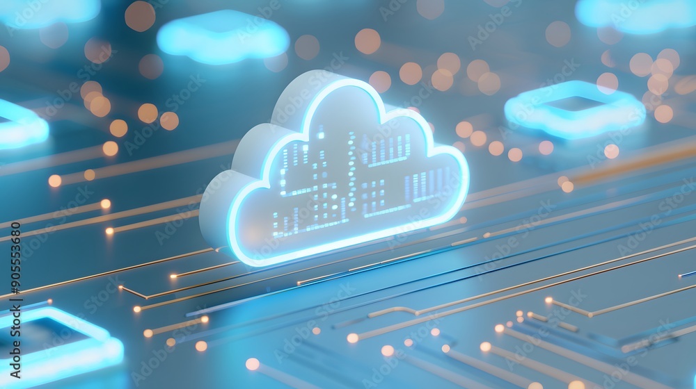 Poster futuristic cloud computing concept with digital circuits and glowing cloud symbols representing data
