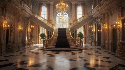 A majestic grand staircase in an opulent foyer, adorned with elegant chandeliers and intricate architectural details.