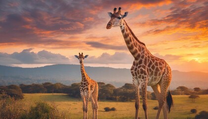 Obraz premium mother and calf giraffe in the middle of the sunset.