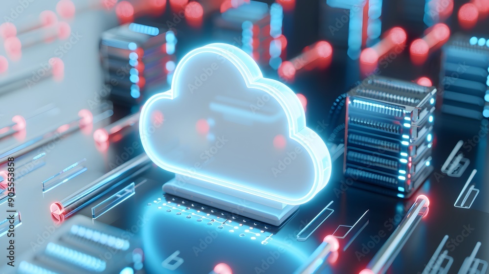 Poster futuristic cloud computing concept with digital cloud icon among server racks, symbolizing data stor