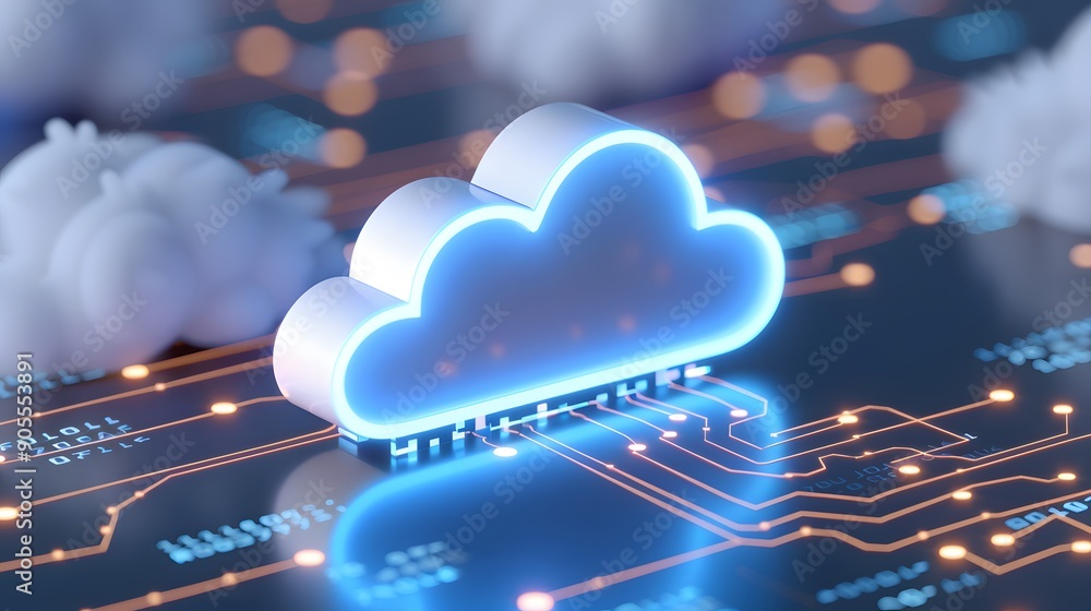 Poster futuristic cloud computing concept with digital cloud icon and electronic circuit as a metaphor. blu