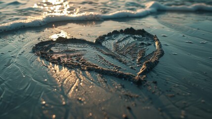 Heart shape drawn in the sand on a beach with waves washing over it at sunset.