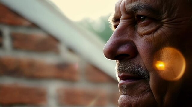 An older mans focused and determined face with deep wrinkles and a stern expression. The background is a simple brick wall.
