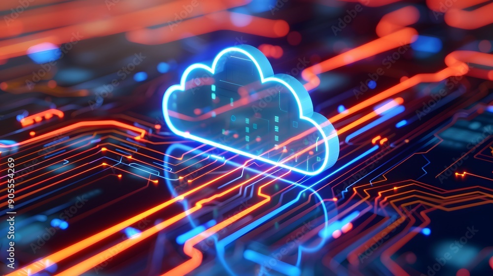 Poster futuristic cloud computing concept with digital visualization of a cloud symbol on a circuit board b