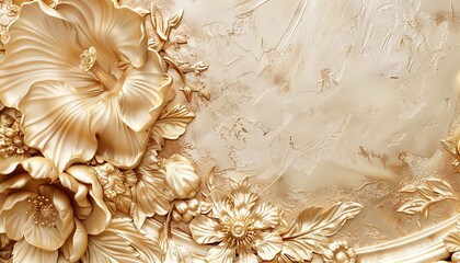 Intricate gold floral design on a textured beige background. Perfect for wedding invitations, stationery, and more.
