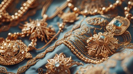 Obraz premium Intricate gold jewelry with gemstones rests on a textured blue fabric.